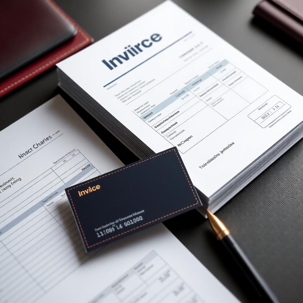 Invoice, ledger, and credit card on an executive desk