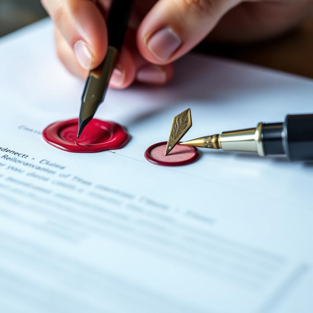 Hand pressing a burgundy wax seal onto a signed contract