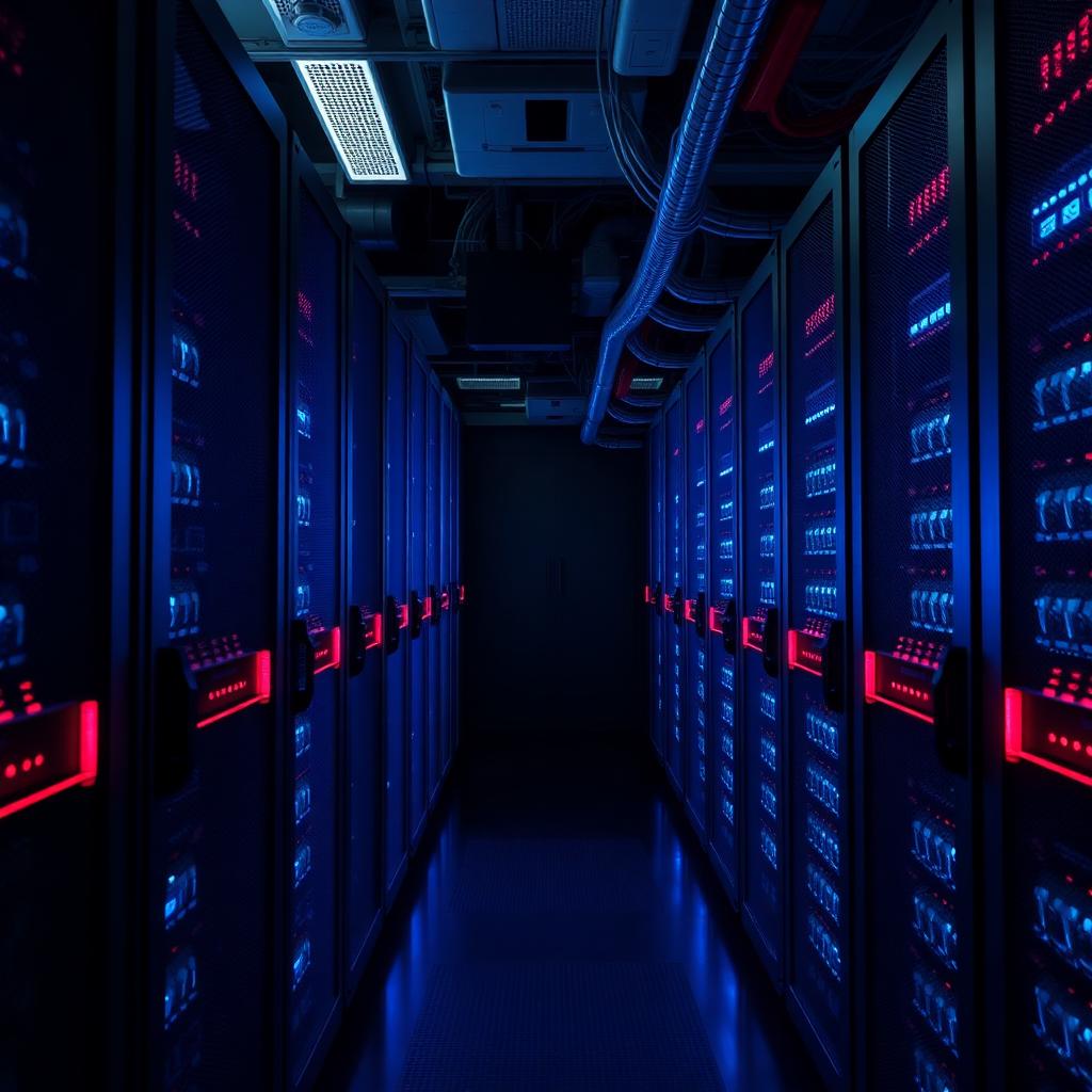 Data center server racks with sky blue LEDs