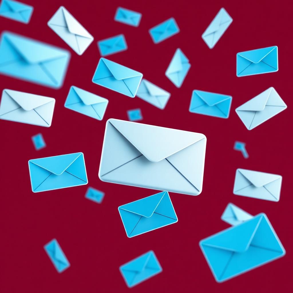 Sky blue email envelopes flowing over burgundy background