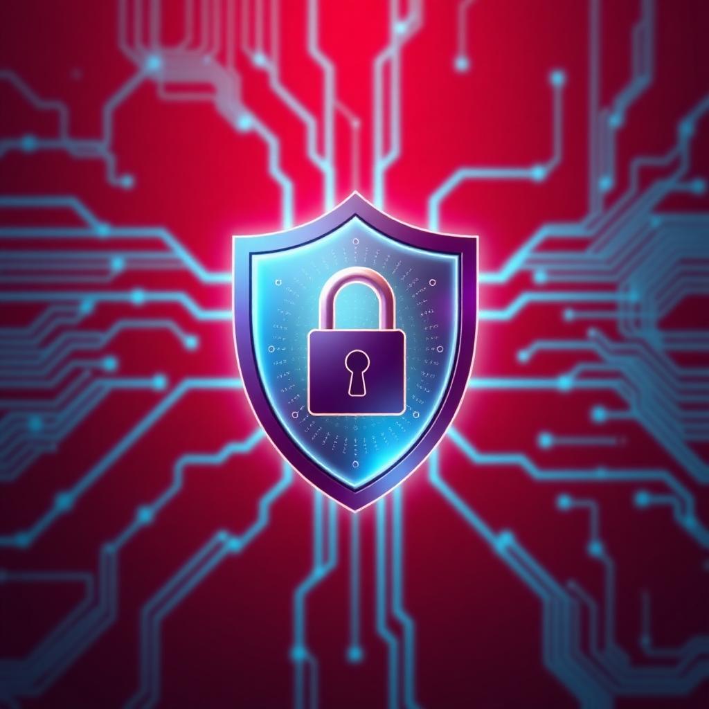 Cybersecurity shield with padlock over sky blue circuitry
