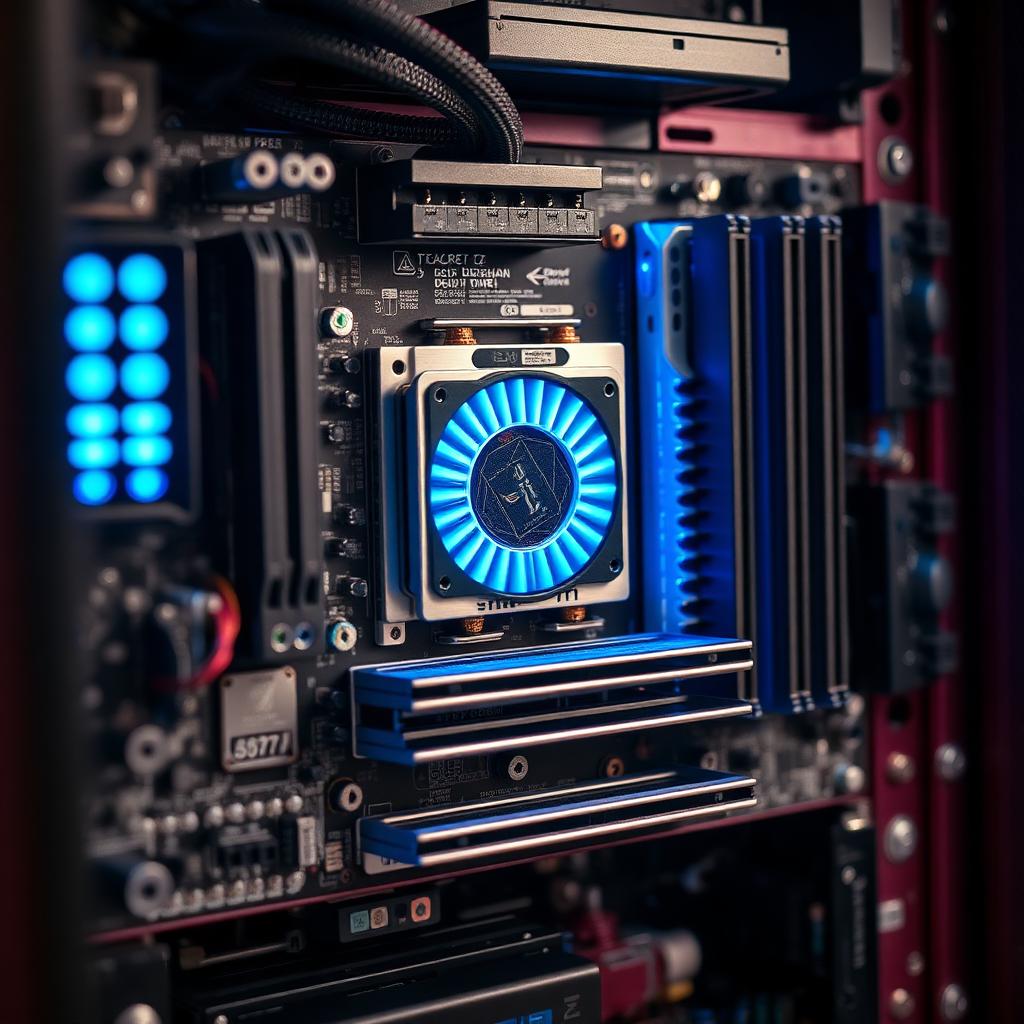 Close-up of a bare-metal server motherboard with sky blue LEDs
