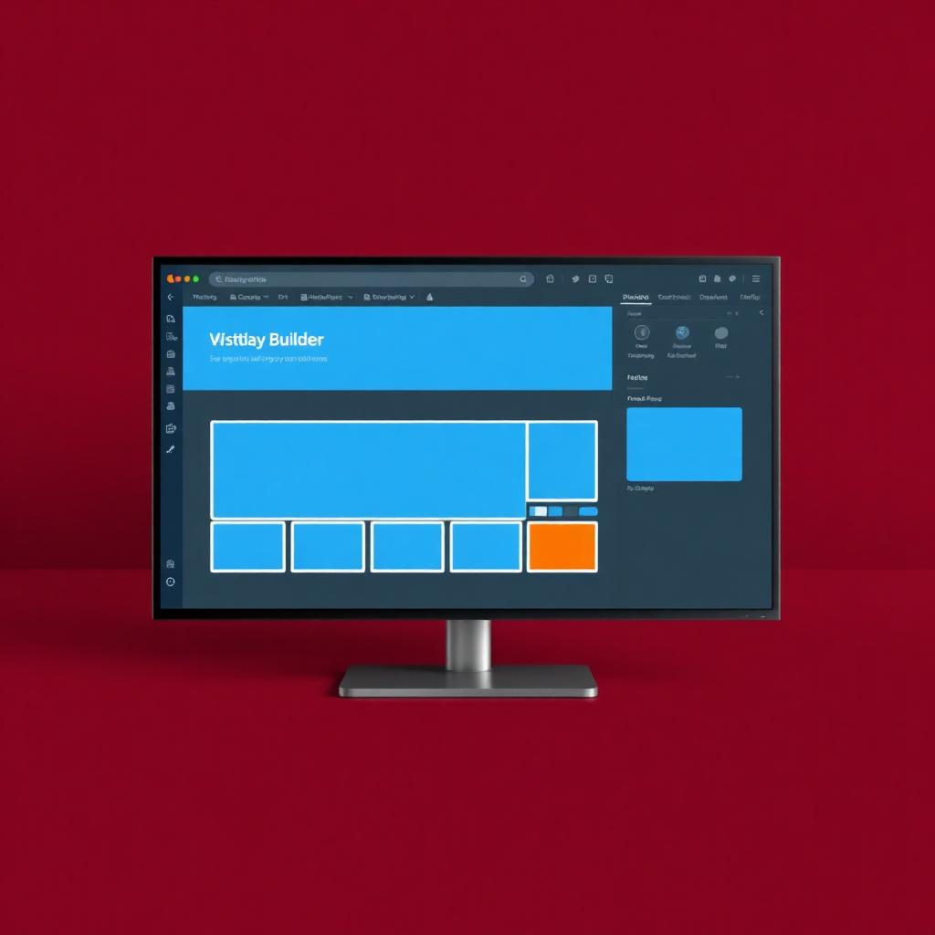 Website builder interface on a large monitor with a burgundy backdrop