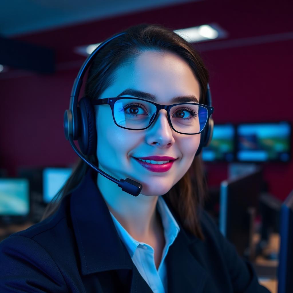 Support technician wearing a headset in a burgundy control room